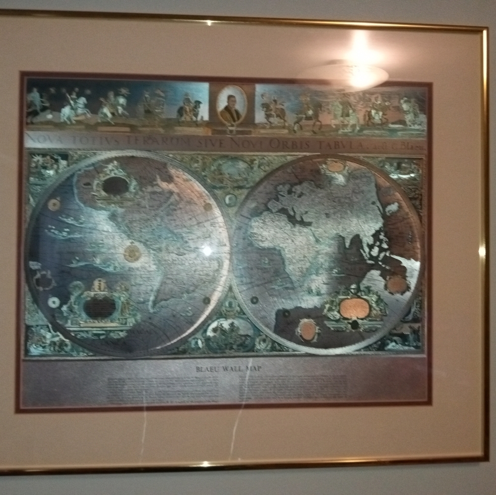 Blaeu Wall Map Silver Leaf Foil of the old World, Matted and framed.